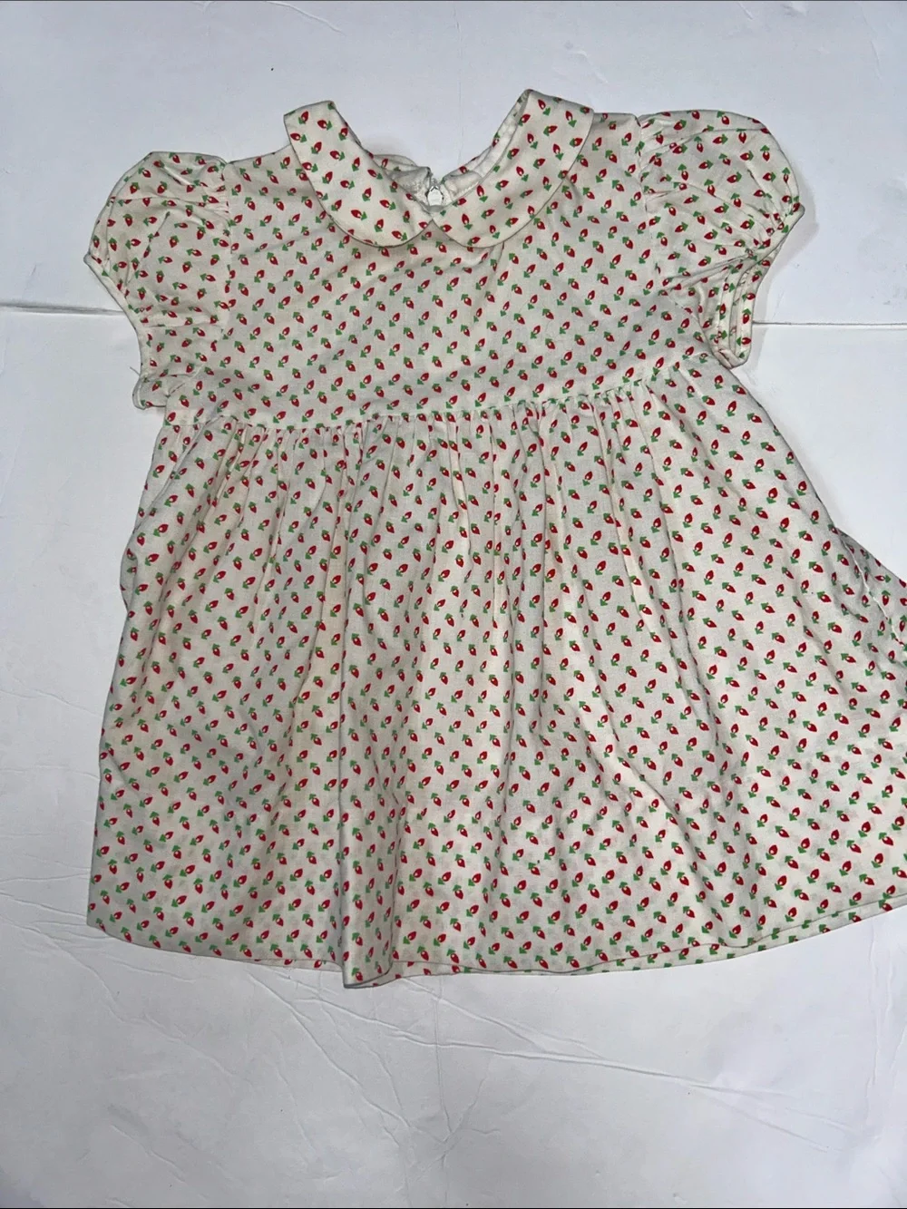 Girls Cream Strawberry Print Dress Top with Collar Handmade Dress Sz 2T